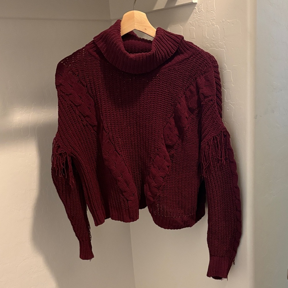 Fringe-Sleeve Cable Knit Turtleneck Sweater in Burgundy